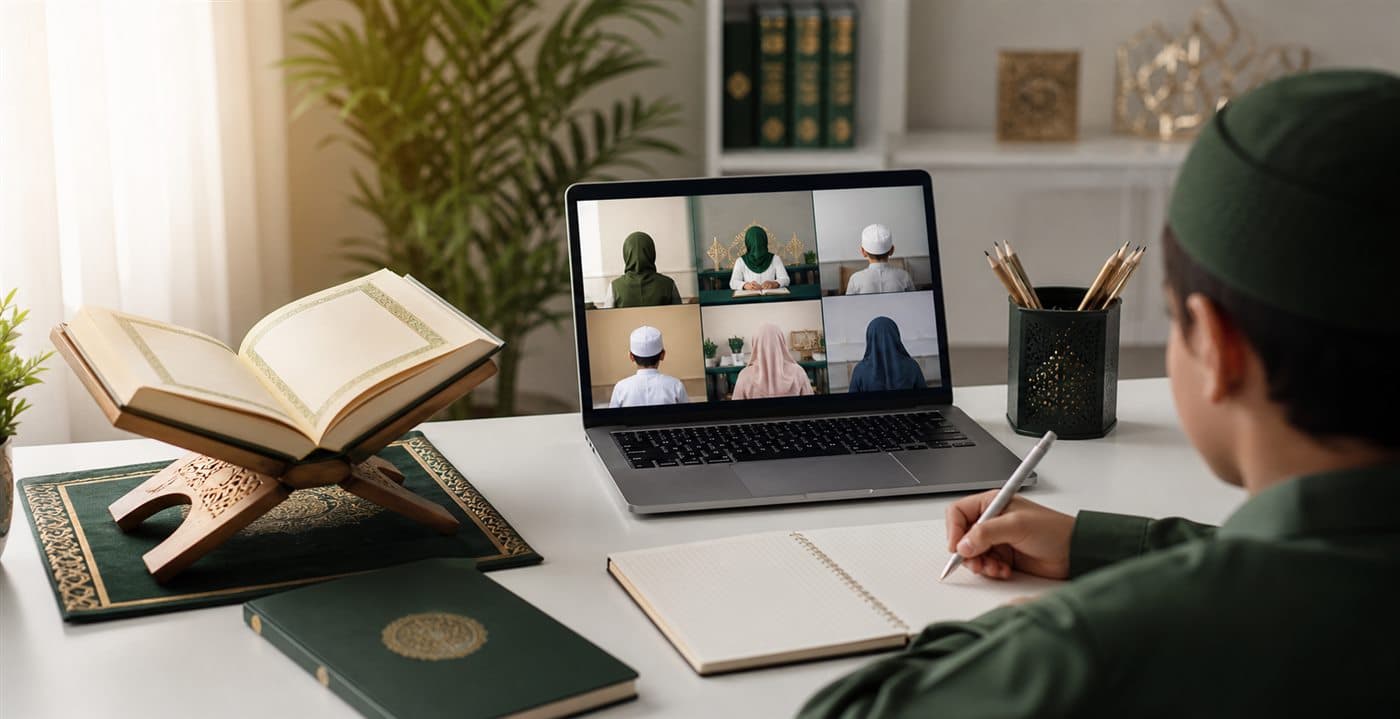Online Quran class setup with laptop, Quran stand, and study notebook